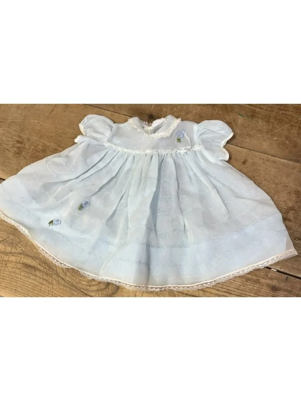 Vintage 1950s Nannette Shirley Temple Blue Baby Dress Lace Chiffon Sheer FIT 12M